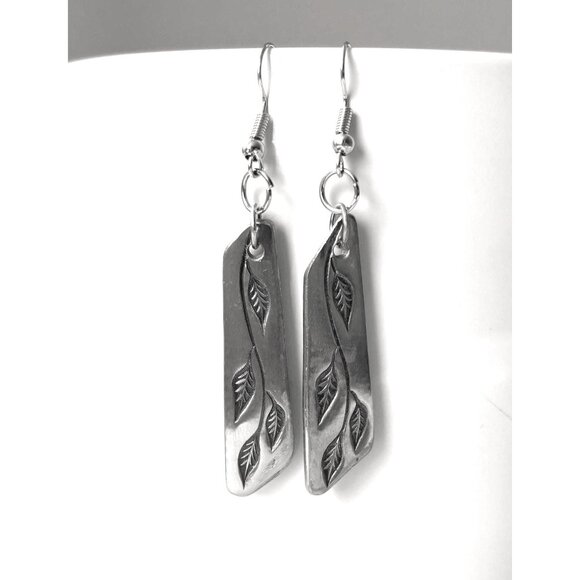 Handmade Upcycled Silverware Leaf Print Earrings: Stainless Steel Drop Earrings - Picture 2 of 5